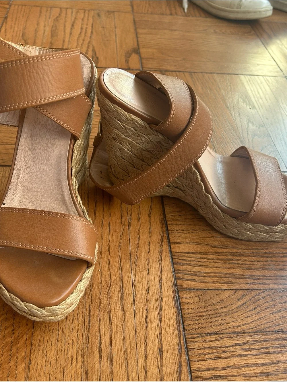 Stuart Weitzman Cognac Leather Espadrille Wedge Sandals